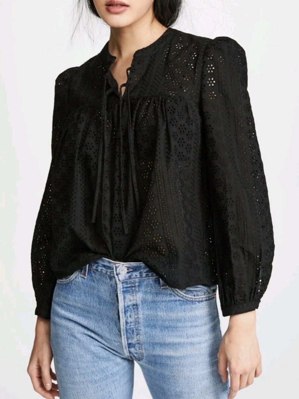 Madewell Women’s Sz S Black Eyelet Double-Tie Peasant Top Blouse Baby Doll